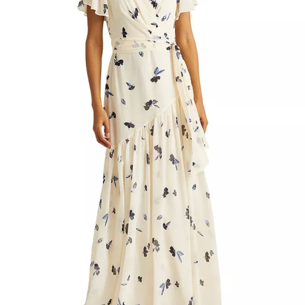 NWT Lauren Ralph Lauren Floral Wrap Dress in Cream and Blue Size 16